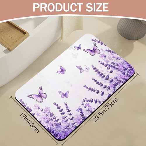 Diatomaceous Earth Bath Mat, Lavender Butterfly Bath Rugs, Purple Non-Slip Thin Absorbent Fast Drying Easy to Clean for Bathroom Laundry Home Kitchen Door Mat 17x29.5Inch - color: Lavender Butterfly,purple