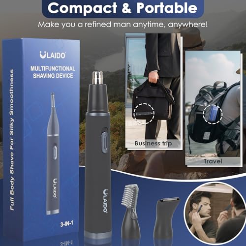 Nose Hair Trimmer for Men, Painless 3 in 1 Grooming Kit for Nose, Ear, Eyebrow & Body Hair, Rechargeable No Pull No Snag Trimming with 3 Waterproof Replacement Heads, Easy Cleansing - size: 3 in 1