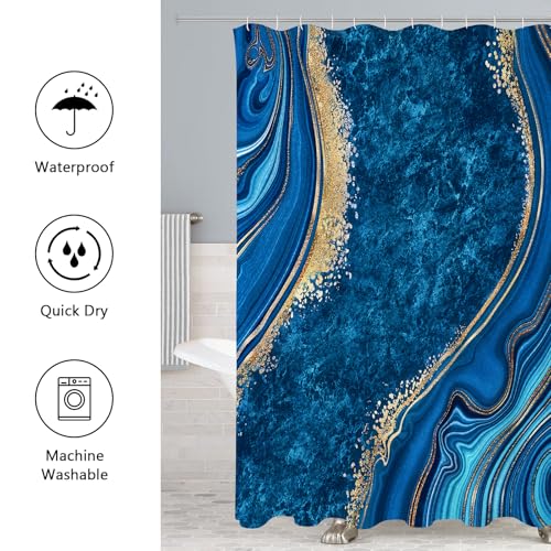 Gibelle 4 Pcs Luxury Marble Shower Curtain Set with Non-Slip Rugs, Toilet Lid Cover and Bath Mat, Gold Foil Blue Bathroom Decor Set with Shower Curtain and Rugs and Accessories - color: Blue