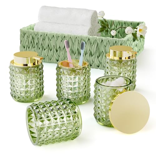XLHOMO Bathroom Accessory Set with Plastic Wicker Basket,Glass Bathroom Accessories Set Green Bathroom Sets Bathroom Set, Diamond Soap Dispenser and Toothbrush Holder Set for Bathroom Decor - size: Bath Set+Storage basket
