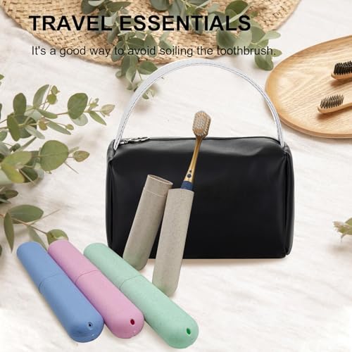4 Pack Portable Toothbrush Cases, Breathable Plastic Holders and Leather Travel Toiletry Bags, Organizers for Home, Business, Camping（black）