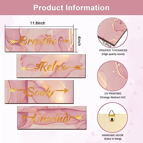 Lnond 4 Pieces Pink Gold Marble Bathroom Wall Decor, Relax Soak Unwind Breathe Signs Decor, Wood Hanging Wall Art for Bathroom Spa Room (12 x 4 Inch