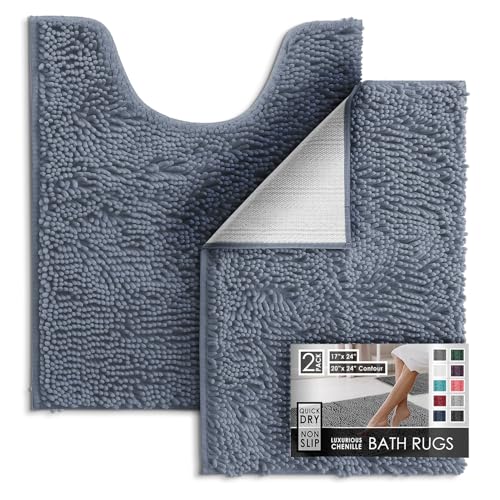 Hearth & Harbor Bathroom Rugs, Chenille Bath Mat - Machine Washable Bath Mats for Bathroom Non-Slip Backing Rubber, Quick Dry Bathroom Mat, 17 x 24 + 20 x 24 - Stone Blue - color: Stone Blue, style: 17 x 24 + 20 x 24