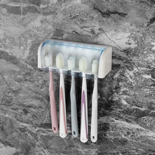 5 Slots Wall Mount Toothbrush Holder with Cover, Self Adhesive Toothbrush Storage Organizer for Shower, Toothbrush Hanger for Bathroom, Medicine Cabinet, Dorm(White + Blue) - color: White + Blue 1pack
