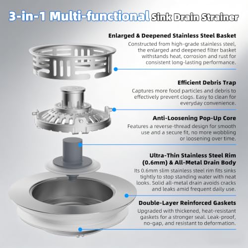 Hibbent Metal Kitchen Sink Drain Strainer and Stopper, Stainless Steel | Upgraded Universal 3 in 1 Pop Up Design, Detachable Larger Anti-Clog Basket, 3-Layer Seal Plug for Standard 3-1/2" Drain - color: Stainless Steel