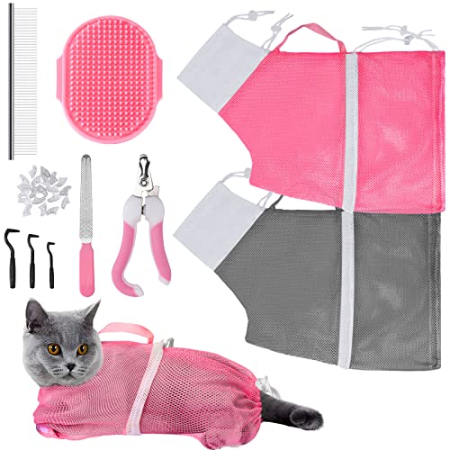 JULMELON 10PCS Cat Bathing Bag Adjustable Shower Washing Net Grooming Set | Polyester Mesh, Kitten Adult Pet Grooming, Shower Bathing Nail Trimming Examination, Brush Clipper File Comb Tick Tool Caps - color: Pink+Grey