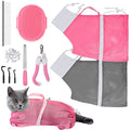 JULMELON 10PCS Cat Bathing Bag Adjustable Shower Washing Net Grooming Set | Polyester Mesh, Kitten Adult Pet Grooming, Shower Bathing Nail Trimming Examination, Brush Clipper File Comb Tick Tool Caps - color: Pink+Grey