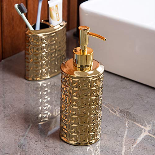Gold Bathroom Accessory Set, 4-Piece Ceramic Bathroom Decorations Accessories Sets Includes Lotion Dispenser, Toothbrush Holder Tumbler and Soap Dish - color: Gold