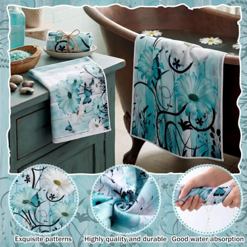 Moukeren Set of 3 Teal Daisy Bath Towels Vintage Floral Themed Bath Towel Hand Towel and Washcloth Soft Turquoise Decorative Towels for Bathroom Kitchen Hotel Gym Spa - style: Teal Daisy