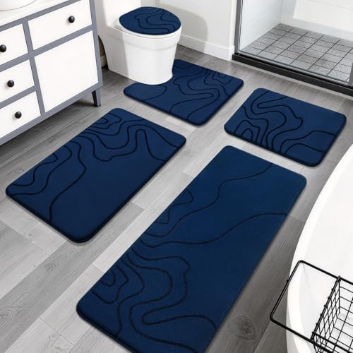 YIHOUSE Memory Foam Bathroom Rugs Sets 5 Piece - Extra Thick Ultra Soft Absorbent Bath Mat Set, Non-Slip Machine Washable Bath Rugs for Bathroom, Tub & Shower, Home Decor Accessories, Dark Blue - color: Dark Blue, size: 1'5" x 3'10" (5 pieces)
