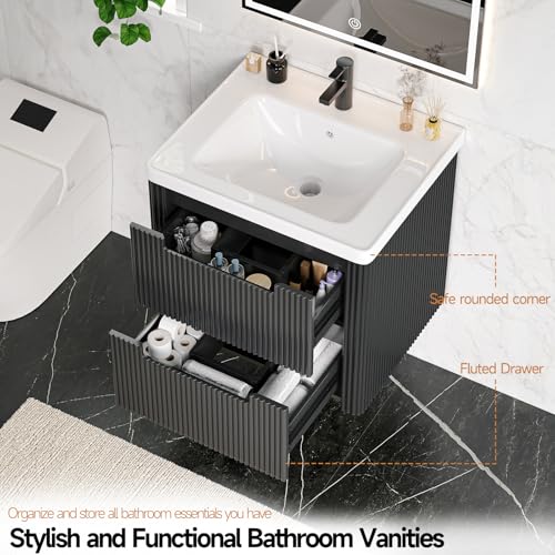 ONBRILL Modern Bathroom Vanity with Sink Combo, Curved Floating Bath Vanity with 2 Drawers, Wall Mount Bathroom Vanities with Integrated Ceramic Sink for Small Space, Apartment (Black, 24") - color: Black, size: 24"