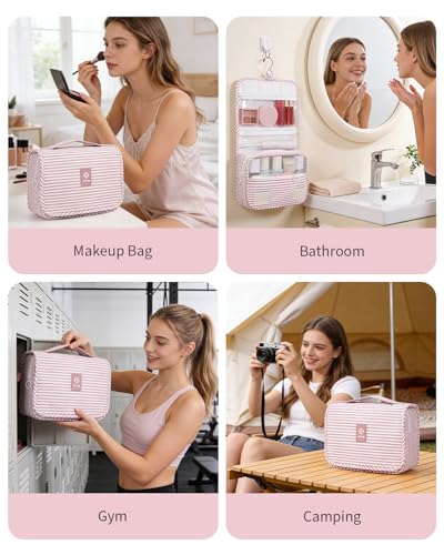 Narwey Small Hanging Toiletry Bag for Travel Women Girl, Striped Toiletries Travel Bag with Hook, Hanging Makeup Bag Organizer Make Up Cosmetic Bags, Gifts for Kids Teen (Dusty Pink Stripe) - color: Y-Dusty Pink Stripe