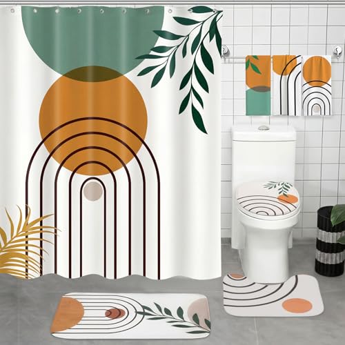 Haull 7 Pcs Boho Abstract Shower Curtain Set with Non-Slip Rugs Toilet Lid Cover Bath Mat Towels, Mid Century Modern Geometric Leaf Minimalist Bathroom Decor for Home Bathroom Set with 12 Hooks - style: Boho