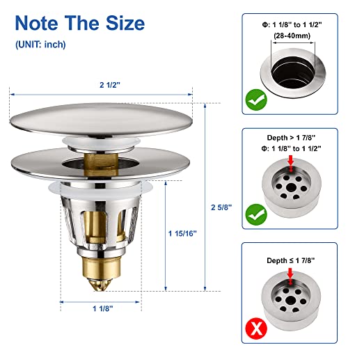 3-in-1 Universal Bathroom Sink Stopper - Brushed Nickel Pop Up Sink Drain Stopper, Brass Bounce Bullet Core Sink Stopper Replacement, Wash Basin Drain Filter Plug with Anti-Clogging Strainer - color: Brushed Nickel, style: Large Cover