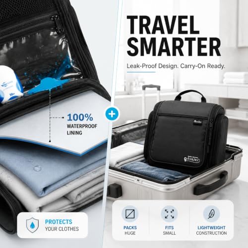 AvaJex Travel Toiletry Bag for Men - Large Dopp Kit (10.6"x10.6"x3.2") - Hanging Waterproof Mens Hygiene Organizer Bag with XXL Metal Swivel Hook, Sturdy Zippers and 19 Compartments for Toiletries - color: L Jet Black
