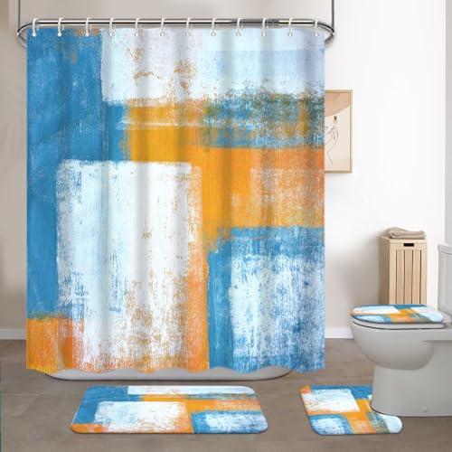 Lnond 4Pcs Bathroom Shower Curtain Sets with Rugs,Blue Orange Painting Art Bathroom Sets with Shower Curtain and Rugs and Accessories - color: Orange Blue White