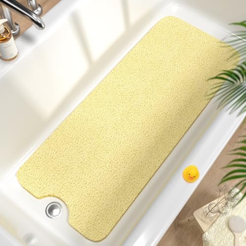 HITSLAM Non Slip Bathtub Mat 40 x 16 Inch, Extra Long Bath Mat for Tub, Soft PVC Loofah Shower Floor Mat with Drain, Quick Drying Bathroom Tub Mat for Wet Area, Without Suction Cup, Beige - color: Beige, size: 40" x 16" (Rectangular)