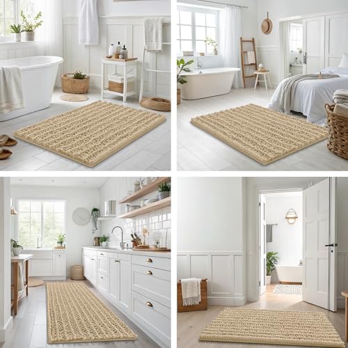 Smiry Bathroom Rugs Sets 2 Piece, Soft Absorbent, Non Slip Rubber Backing Machine Washable Quick Dry Chenille Bath Rug Set for Tub, Shower, and Floor (47" x 20" Plus 24" x 16", Beige)
