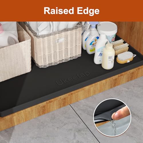 ukeetap Extra Thick Silicone Mat Waterproof with Raised Edge 22" x 19", Under Sink Mat for Kitchen & Bathroom, Kitchen Cabinet Liner, Multi-Purpose for Storage & Protection, Black - color: Black, size: 22"L x 19"W