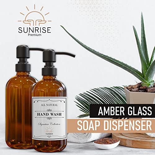 Sunrise Premium 2 Pack Amber Glass Soap Dispenser 16 OZ with Matte Black Stainless Steel Pump, Hand and Dish Soap Dispenser Set for Bathroom and Kitchen Sink with 6 Waterproof Labels - color: Matte Black Ss Pump - Amber Glass