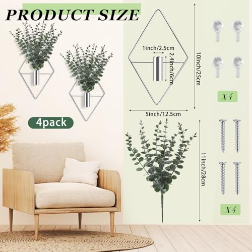Jexine 4 Pcs Hanging Planters with Artificial Eucalyptus Metal Hanging Vase Indoor Plants Holder Modern Geometric Boho Bathroom Wall Decor for Living Room Home Office (Eucalyptus,Silver) - color: Silver, size: Eucalyptus