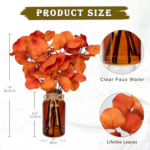Briful Artificial Eucalyptus Stems in Amber Glass Vase with Faux Water, 14" Fake Fall Plant Autumn Eucalyptus Leaves for Home Farmhouse Wedding Centerpiece Bathroom Décor - color: Orangered