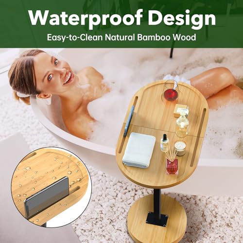 NiHome Bamboo Large Swivel TV Tray Table with Thickened Stable Non-Tipping Base, Adjustable Height Couch Table Tray, End Table, Bathtub Side Tray Table 360° Rotating for Hot Tub Bedside Sofa Balcony - size: Large