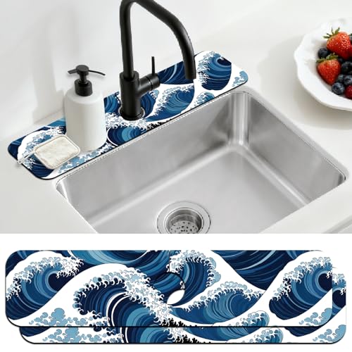 2 Pcs The Ocean Kitchen Sink Splash Guard Faucet Mat The Waves Faucet Mat for Sinks Absorbing Drying Mats for Kitchen Bathroom, 23.6x5.5inch - color: Waves Pattern