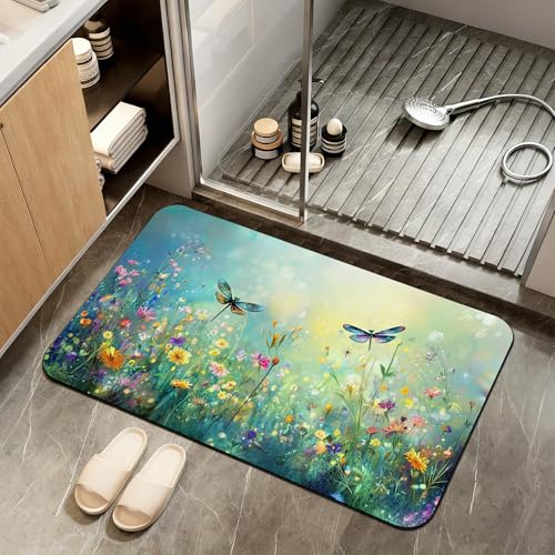 Non Slip Bath Mat,Dragonfly Bathroom Decor,Colorful Flowers Diatomaceous Bath Mat Quick Dry Absorbent Bathroom Rugs-Shower Rug for Kitchen Laundry Bathtub Shower 17"x29.5" - color: Dragonfly,colorful Flowers