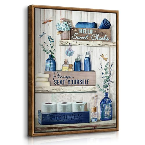 BJVJKSU Framed Navy Blue Bathroom Decor Wall Art Rustic Blue Bathroom Canvas Wall Decor Please Seat Yourself Sign Print Painting Vintage Aesthetic Farmhouse Artwork Picture(12x16in) - color: Blue framed, size: 16"L x 12"W