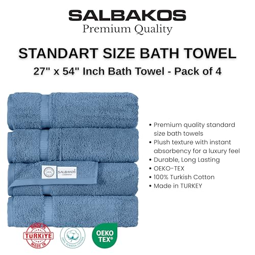 SALBAKOS 100% Turkish Cotton Bath Towels | 4 Piece Turkish Bath Towels Blue 27x54 in Standard Size | Premium Hotel Quality, Super Absorbent, Thick & Plush Turkish Bath Towel (Blue, 4 Bath Towels) - color: Blue, size: 4 Bath Towels