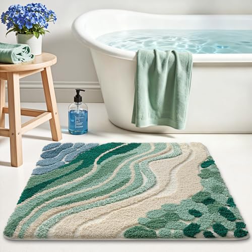 LUMI Beach Bathroom Rug Square, Non Slip Bath Mat Quick Dry, Ultra Soft Washable Absorbent, Ocean Sea Theme Bath Rug for Shower Floor, Home Decor, Kids Room, Bathtub, 32"x32" - color: A-beach Green, size: 32"x32"(Square)