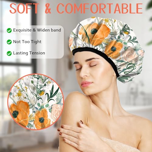 Luxury Shower Cap Terry Lined Reusable Triple Layer Waterproof Hair Elastic Caps Shower Bath Hat for Women Girls Cute Aesthetic-Orange Flower - color: AL1-Orange Flower