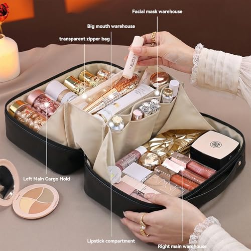 Travel Makeup Bag, Large Capacity Cosmetic Bags for Women, Waterproof Portable Pouch Open Flat Toiletry Bag Make up Bag, Black - color: Black