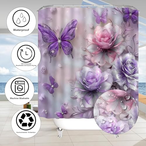 DDQQ 4Pcs Purple Glitter Floral Shower Curtain Set Bathroom Sets Butterfly Diamond Shower Curtain with 12 Hooks Bathroom Decor with Rugs Bath Accessories with Mats Toilet Lid Cover - color: Purple