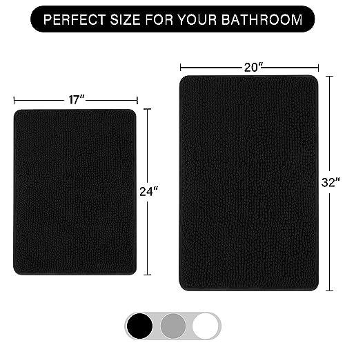 LOCHAS Bathroom Rugs Sets 2 Piece, 17 x 24 Plus 20 x 32 Inches Thick Non Slip Bath Rug Set, Absorbent Soft Chenille Bath Rug, Machine Washable Quick Dry Bath Mat for Bathroom Floor, Black - color: Black, size: 1'5" x 2' (Rectangular)