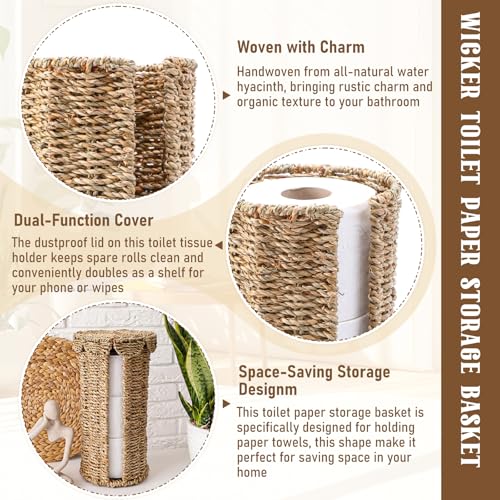 Wicker Toilet Paper Holder with Lid, Woven Paper Roll Holder Boho Rattan Toilet Papers Roll Stand for Bathroom Organizer and Storage Farmhouse Tissue Storage for 3 Mega Rolls (Seagrass)