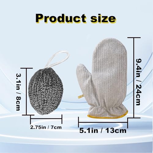 2PCS Dishwashing Gloves Silver and 2PCS Stainless Steel Melon Shape Steel Wire Ball(white/gray rope) - color: Gray