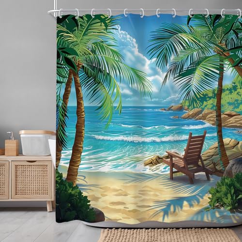 Newsely Ocean Shower Curtain 60Wx72L Inch Beach Tropical Palm Tree Hawaiian Summer Coastal Nautical Scenery Sea Wave Plant Bathroom Set Botanical Waterproof Bath Decoration Accessories Home Decor - color: B-02beach, size: 60"W x 72"L (Pack of 1)