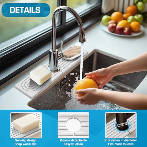 Self-Drying Stone Tray For Kitchen Sink,15.7" Water Absorbing Natura Diatomite Faucet Mat,Splash Organizer For Soap Dispenser,Sponge & Brush,Bathroom Vanity Rv Countertop Protector(White-Rectangle) - color: White-rectangle, size: 15.7" x 4"