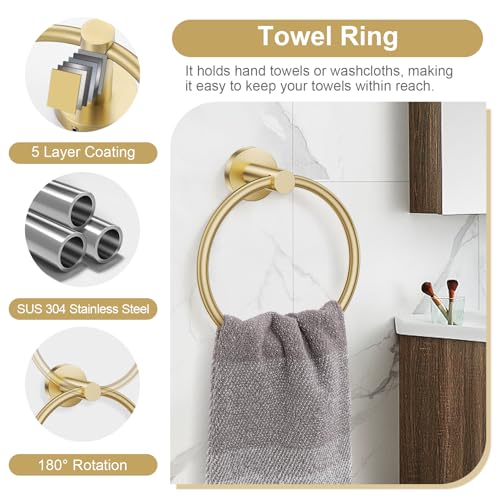 5-Piece Towel Bar Set Brushed Gold Bathroom Hardware Accessories Set Upgraded Toilet Paper Holder with Shelf Towel Holder Set for Bathroom Stainless Steel Wall Mounted - color: Brushed Gold, size: 5-Piece Upgraded Set