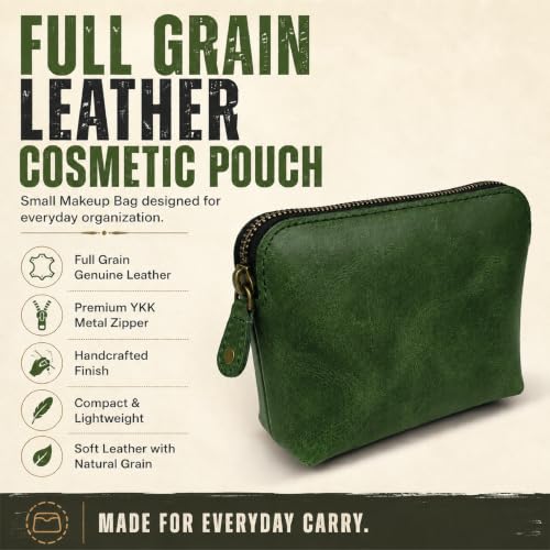 Full Grain Leather Cosmetic Bag – Zippered Makeup Pouch for Women, Small Travel Toiletry & Organizer Pouch for Purse, Premium Handmade Leather (5 × 4 × 2.5 in) - color: Green