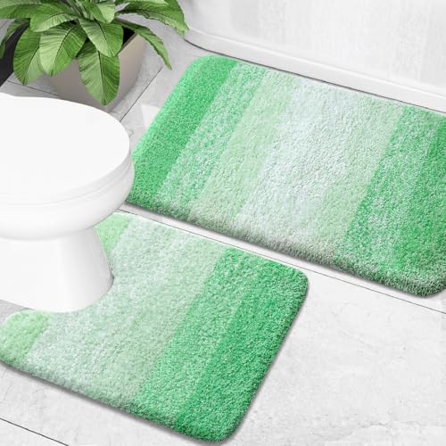 OLANLY Bathroom Rug Set 2 Piece, Soft Absorbent Microfiber Bath Mats and U-Shaped Contour Toilet Rug, Non-Slip, Machine Wash Dry, Plush Shaggy Bath Mats for Bathroom (24"x16"+24"x20", Green) - color: Green, size: 24" X 16" + U24" X 20"