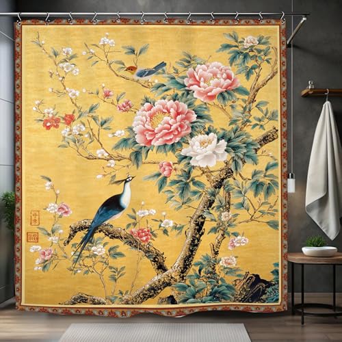 Vintage Flower Peony Shower Curtain 60Wx72L Inch Chinese Blossom Asia Yellow Botanical Plant Bathroom Set Accessories Decor with 12 Pack Hooks - color: Yellow Vintage Bird, size: 60"W x 72"L (Pack of 1)