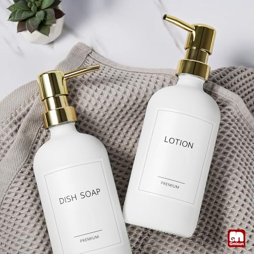 GMISUN White Soap Dispenser, 2 Pack Glass Hand Soap Dispensers Bathroom with Gold Pump, 17 Fl Oz Dish Soap Dispenser Set for Kitchen, Refillable Modern Liquid Soap and Lotion Dispensers Bottle - color: White Bottle + Golden Pump