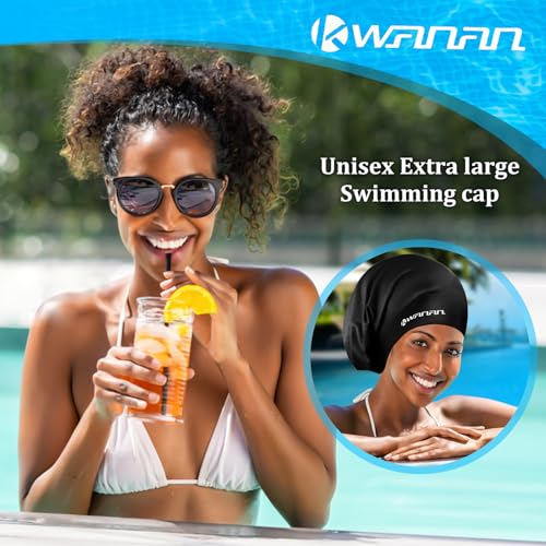 Extra Large Silicone Swim Cap for Long Hair and Protective Styles–Waterproof Swimming Cap for Men and Women with Dreadlocks, Weaves, Extensions, Braids, Curls, and Afros–Keep Hair Dry - color: Black