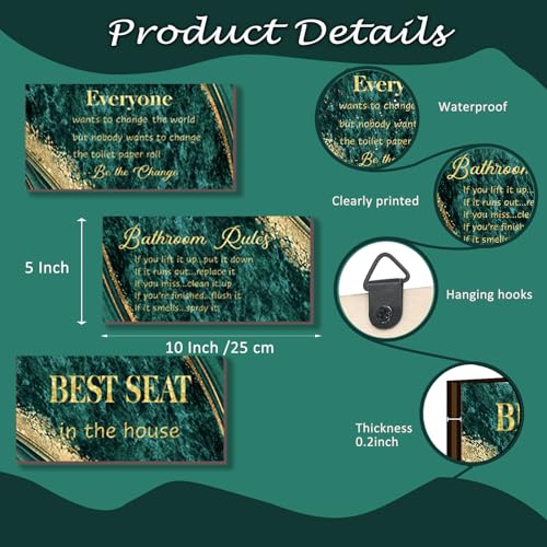 DONFENTHY 3 Pieces Green Gold Bathroom Decor Bathroom Rules Wall Art Green Gold Rules Signs Best Seat in The House Farmhouse Wooden Sign for Toilet Wall Decor (10x5") - color: Green Gold