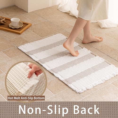 Waffle Bath Mat Non Slip, Boho Bathroom Rug, Super Absorbent Quick Dry Bathroom Mat, Soft Farmhouse Bath Rug with Tassels, Small Washable Shower Mats for Floor 20"x32", White and Taupe - color: Taupe and White, size: 1'8" x 2'8" (Rectangular)