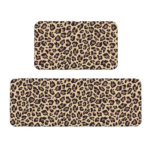 Leopard Print Kitchen Rugs Microfiber Floor Mats Cheetah Cushioned Carpet Runner Rug for Laundry Bathroom Living Room, 2 Piece Set 17"X 47" + 17"X 30" - color: Leopard Print