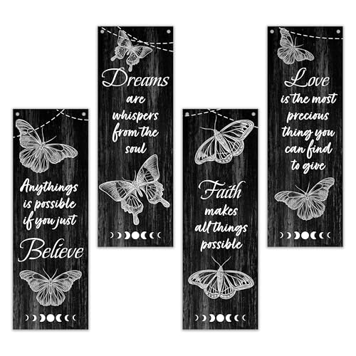 Qiwog 4 Pcs Butterfly Wall Decor Wooden Sign, Black Butterfly Bedroom Decor, Love Believe Dreams Faith Wooden Hanging Sign, Suitable For Home Wall Bathroom Bedroom Inspirational Decoration, A16 - color: Rustic